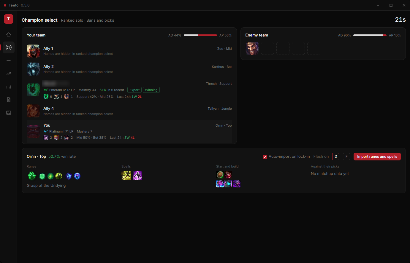 Champion select with teammate ranks, tags and the build for your pick