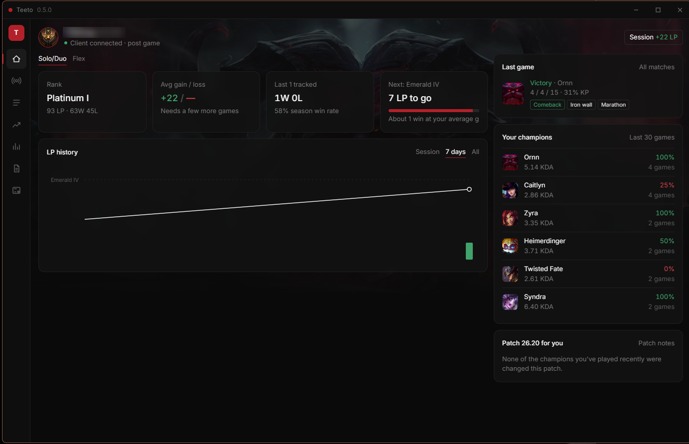 Teeto home page with rank, LP history and your champions