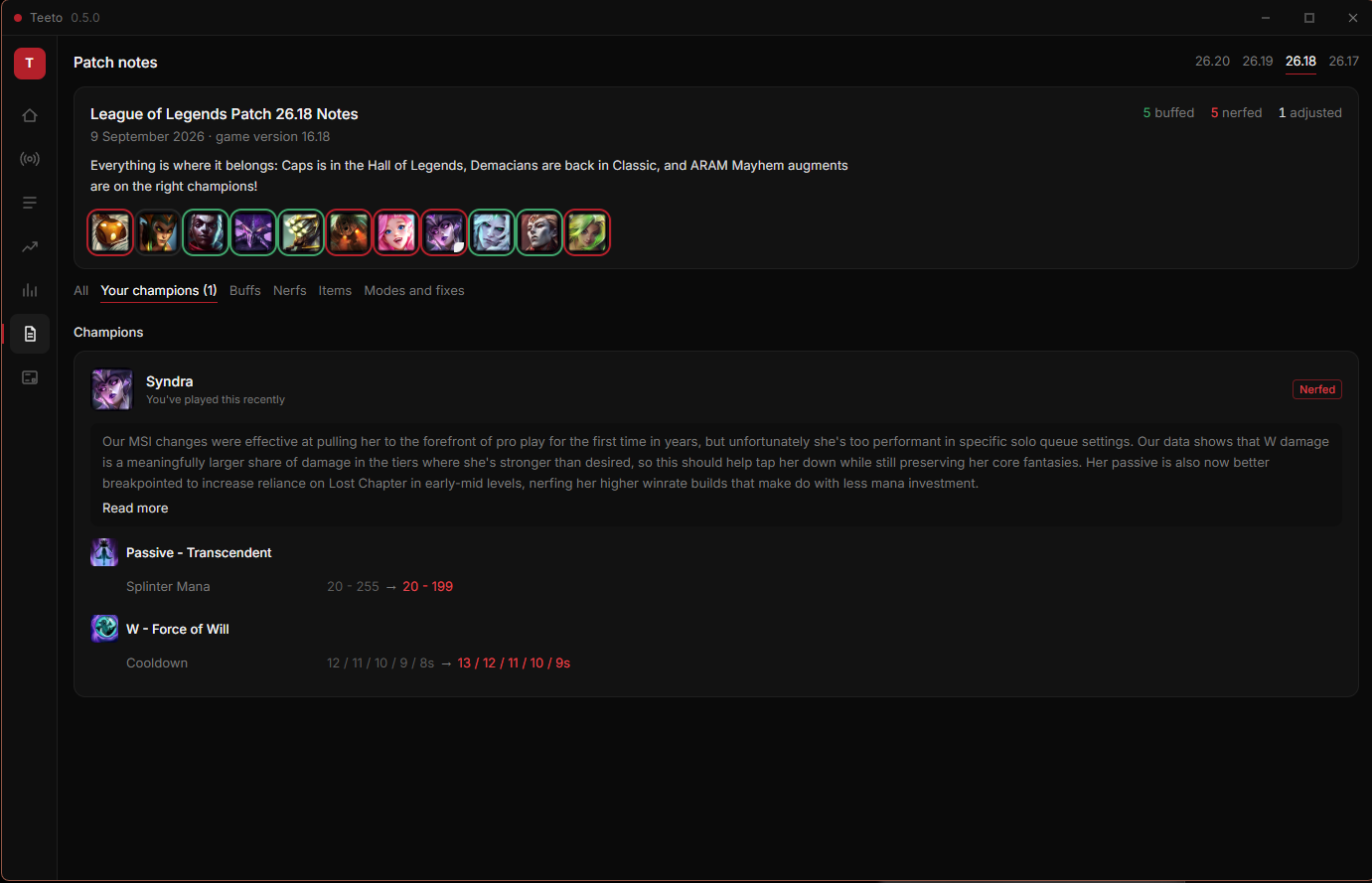 Patch notes filtered to your champions